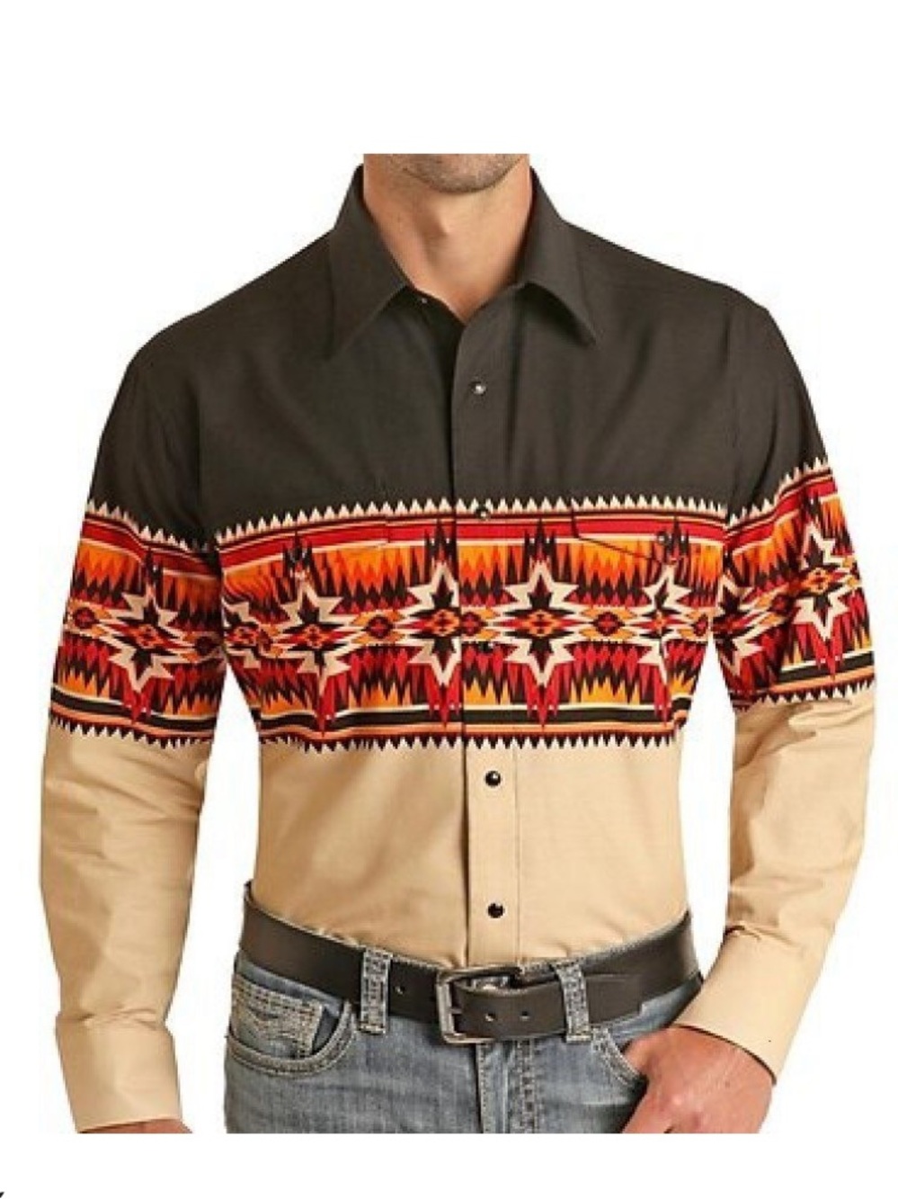 Vintage Panhandle Men's Southwestern Print Button-Down Shirt - Black & Cream